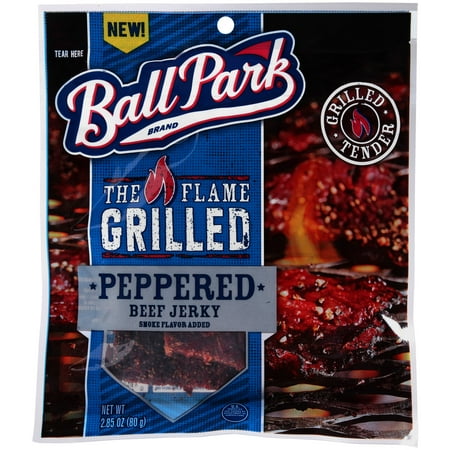 BALL PARK, THE FLAME GRILLED BEEF JERKY, PEPPERED SMOKE, PEPPERED SMOKE