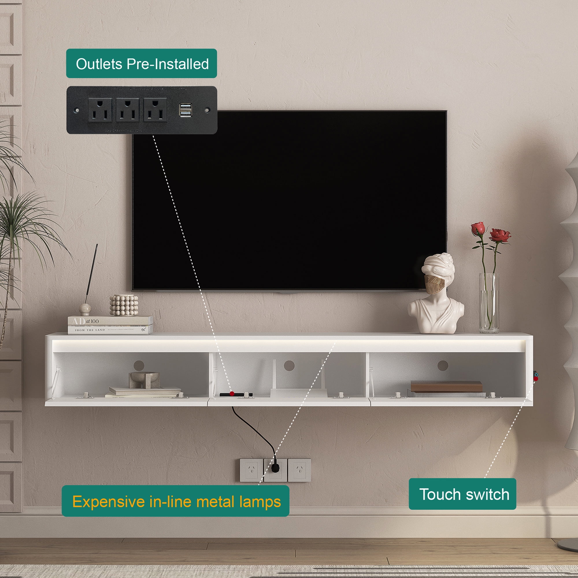 Aukfa Floating TV Stand for TVs up to 75",Wall Mounted TV Shelf High Gloss TV Cabinet with Led Lights & Power Outlet,White