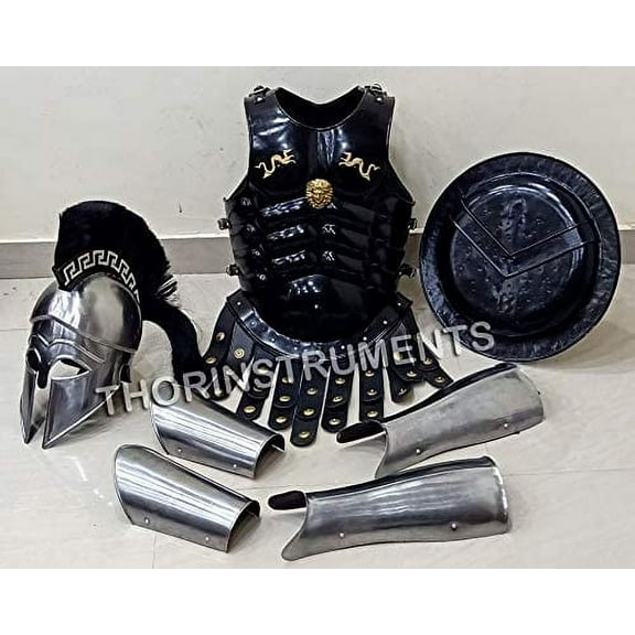 Medieval Black Muscle Jacket Body Armor Set Chrome Finish Greek Helmet & Arm & leg Guard Black Shield