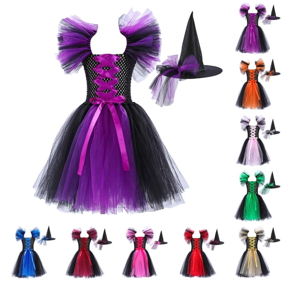 Oiyii Toddler Girl's Ruffle Sleeve Lace-Up Tutu Gown Solid Square Neck Dresses Summer Halloween Witch Party Skirts,A