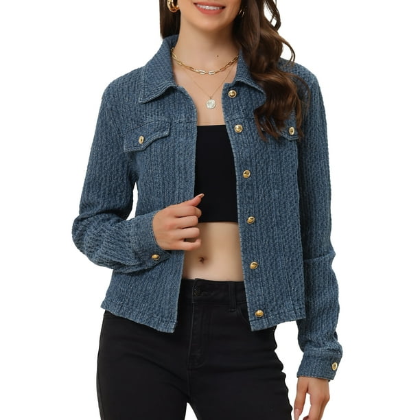 Chaqueta Vaquera para Mujer con Botones Manga Larga Textura Lavada Informal Vaquera Azul L