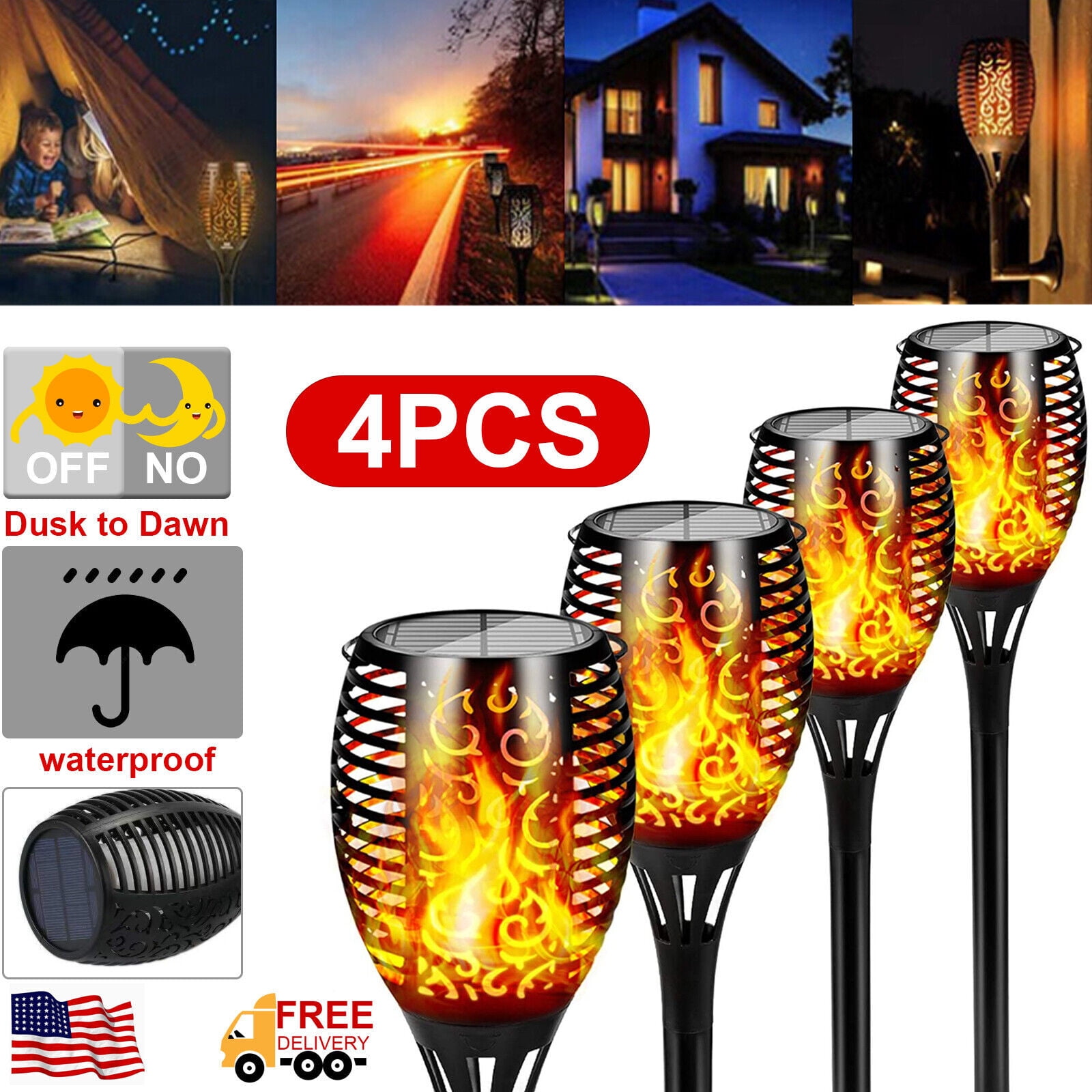 Flickering Solar Lights, 4 Pack Tiki Torch Lights with Flickering Flame, 72LED Waterproof Bamboo Yard Torch for Outside Garden Patio Pathway Blcak