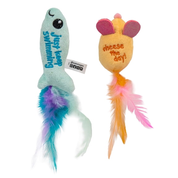 Catstages Portable 2-Piece Flosser & Dental Cat Toy Set with Catnip & Feather, Multicolor, Fish & Mouse Shape