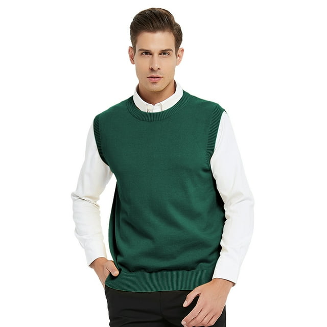 TOPTIE Men's 100% Cotton Knit Sweater Vest, Crew Neck Solid Color