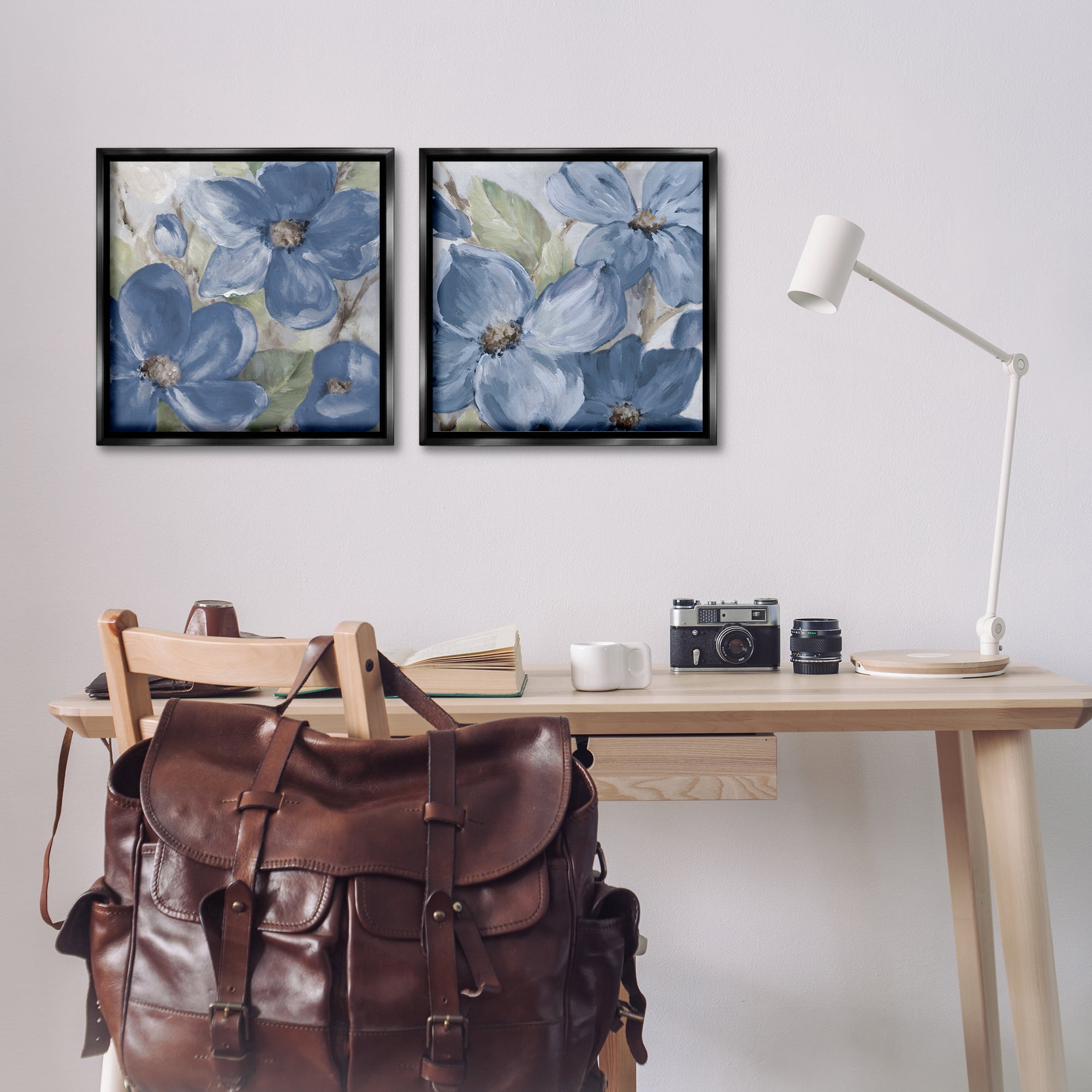 Stupell Industries Blue Blooming Petals Plants & Flowers Painting Black Floater Framed Canvas Art Print Wall Art, 18 x 18, Set of 2