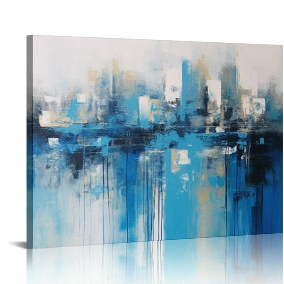 JRXY Teal Abstract Wall Art Modern Blue Grey Picture Cityscape Indigo Textured Gold Painting, Large Size Framed Artwork for Living Room Bedroom Bathroom Dinning Room Home Office Wall Decor 20x16in