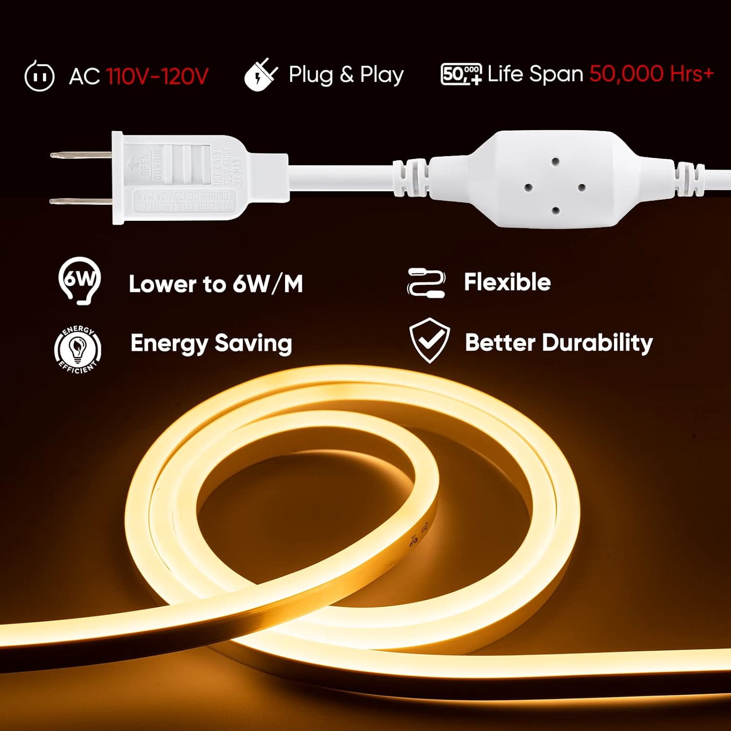 Shine Decor 16FT LED Neon Rope Lights Connectable,  Flexible AC 120V Neon (Warm White 2600k) Outdoor Waterproof, 5M ETL Plug&Play Neon String Lighting 120LED/M for Home Party Commercial