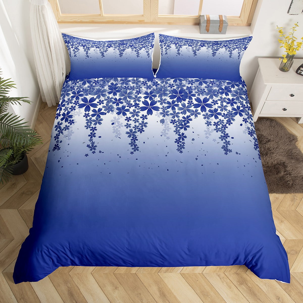 Japanese Comforter Cover Navy Gradient Bed Set, Cherry Blossoms Duvet