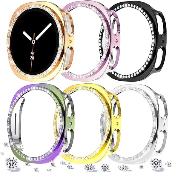 [6-PACK] Case Compatible with Samsung Galaxy Watch 8 40mm, Bling Single-Row Diamond PC Protective Case Replacement Watch Cover for Galaxy 8 Watch 40mm (Black Silver Rosegold Pink Gold Rainbow)