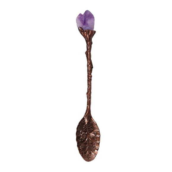 Piwvid Natural Amethyst Flower Copper Spoon, Hand Polished Raw Stone Crystal Lucky Coffee Ice Cream Spoons Decorations Gifts for Home Office Kitchen