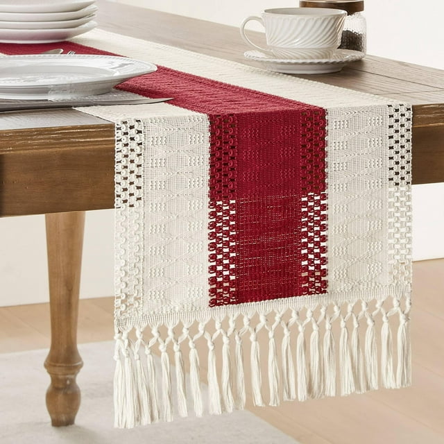 Camino de mesa ZeeMart, estilo macramé, bicolor, 35 x 275 cm, rojo y marfil