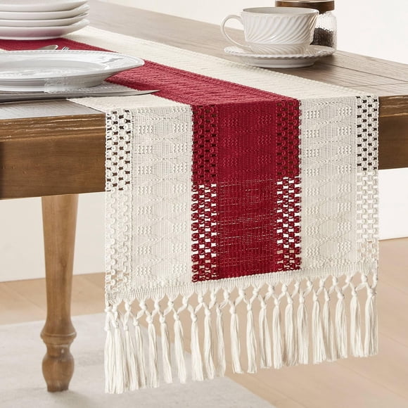 Camino de mesa ZeeMart, estilo macramé, bicolor, 35 x 275 cm, rojo y marfil