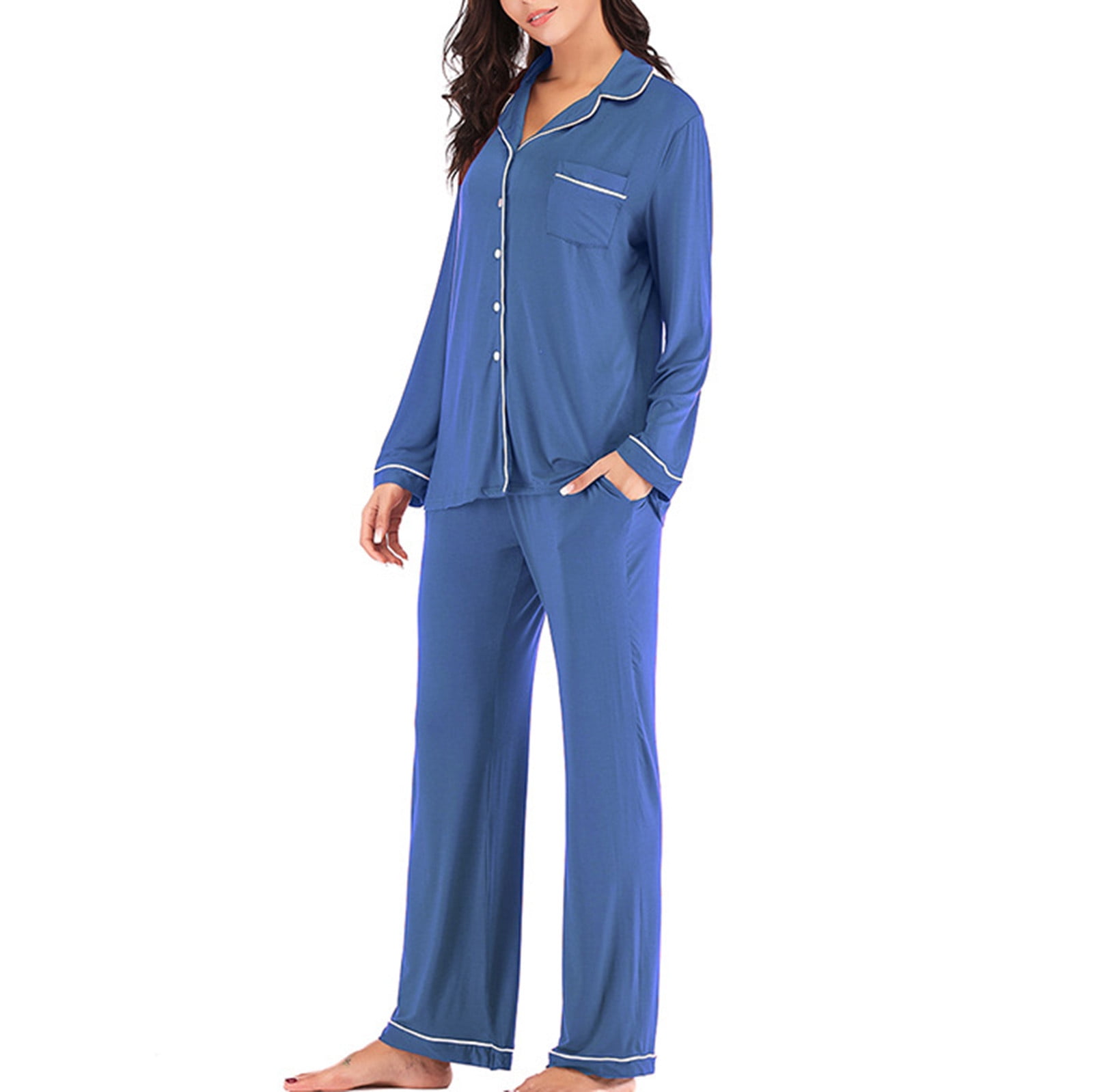 BONIXOOM Womens Christmas Pajamas Christmas Pajamas Loungewear None Long Sleeve Sleepwear Sets Solid Blue XXL