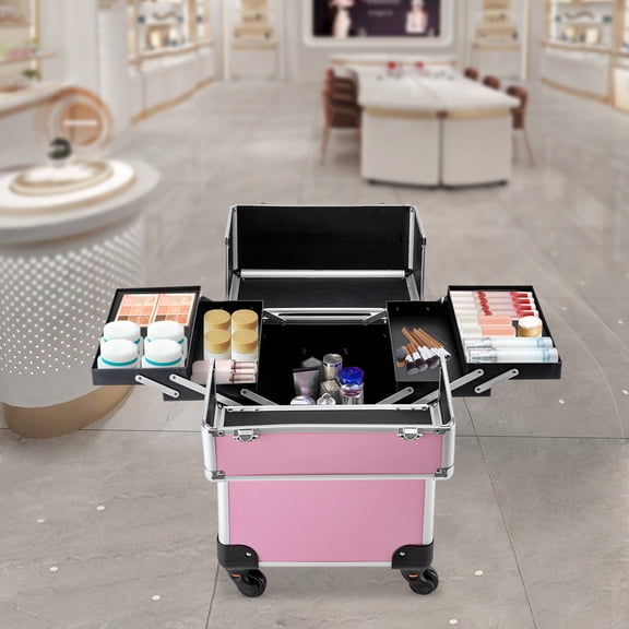 Professional Rolling Makeup Train Case with 4 Trays & Wheels, Large Capacity