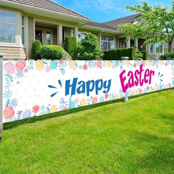 Banners de Feliz Pascua, Banner de Bienvenida a la Primavera para Fiestas de Pascua, Banner de Fondo para Césped, Suministros para Fiestas de Pascua en Interiores y Exteriores (9.8 x 1.6 pies)