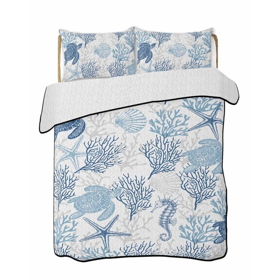 Quilts King Size Bedding Set, Navy Blue Grey Coastal Lightweight Quilted Comforter, Sea Turtle Nautical Coral Summer Beach Soft Bedspread Coverlet with Pillow Covers for All Season, 96" x 106"