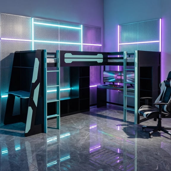 MIDOQIN  Twin Size Gaming Loft Bed with RGB LED Lights, L-Shaped Wooden Loft Bed Frame with USB Ports & Storage Shelves, Reversible Layout, for Teens & Adults