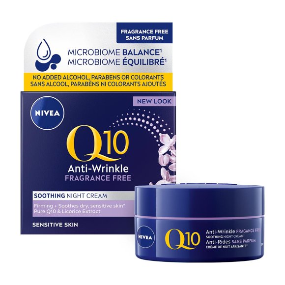 NIVEA Q10 Crème de Nuit Apaisante Anti-Rides Sans Parfum, Crème pour le Visage Anti-Rides pour Peau Sensible
