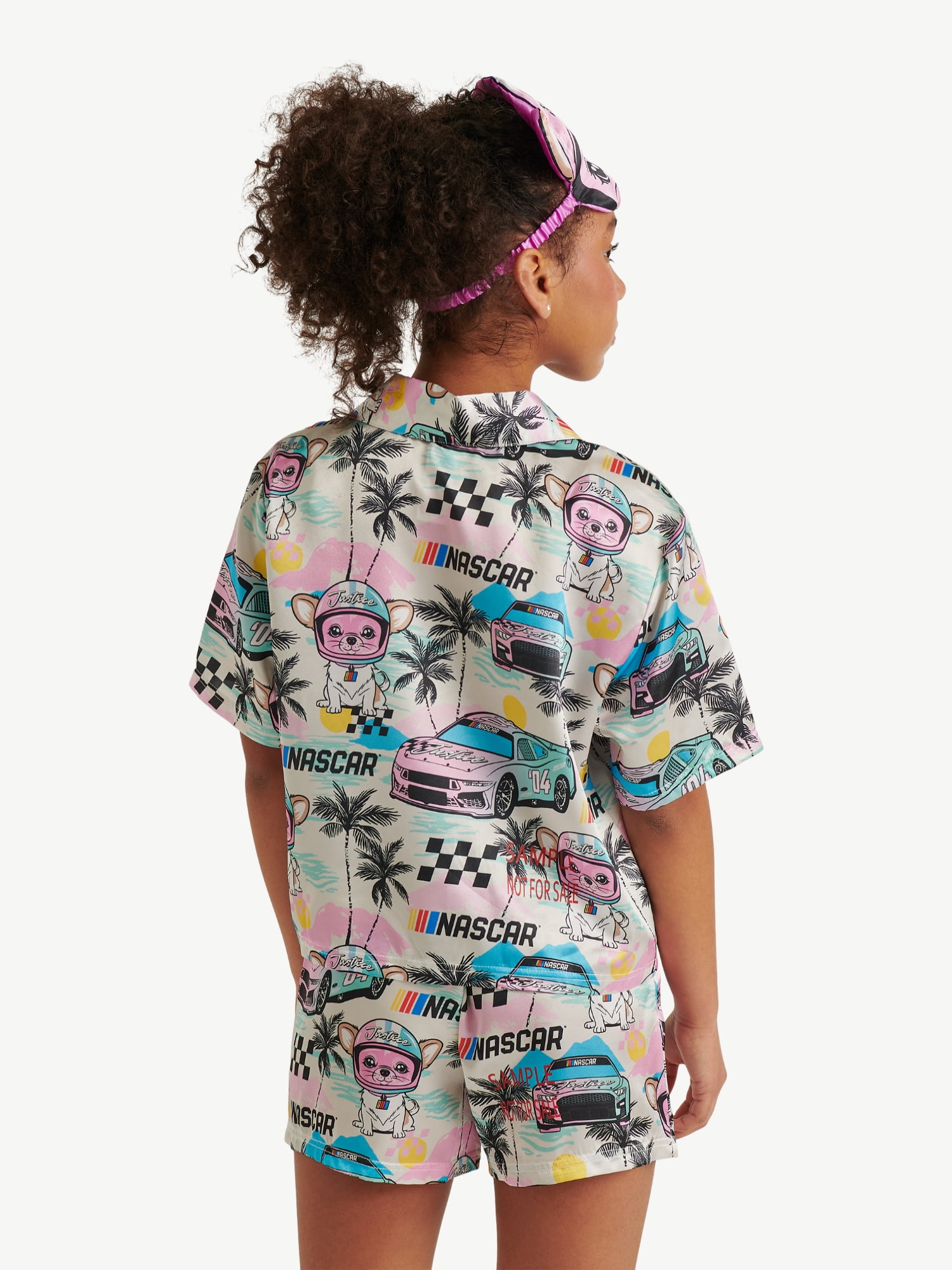 Justice Girls x Nascar Short Sleeve Button Top, Shorts and Eye Mask Pajama Set, 3-Piece, Sizes 5-18
