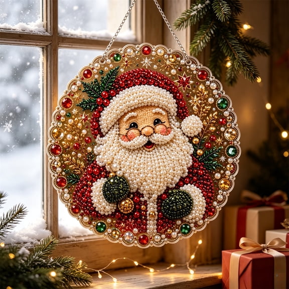 Christmas Pearl Art DIY Diamond Painting Hanging Suncatcher Ornament, Handmade Christmas Diamond Painting Hanging Pendant, Craft Crystal Pearl Bead Wall Window Decor