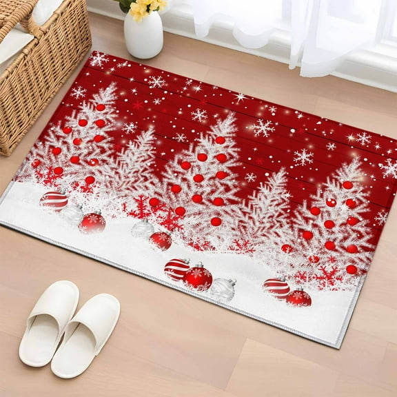 Red Christmas Bathroom Rug Washable 2x3 Entryway Rug Non Slip Snowflake Xmas Tree Ball Wooden Winter Front Door Mat Low Pile Indoor Doormat Throw Floor Carpet for Kitchen Bedroom Entrance