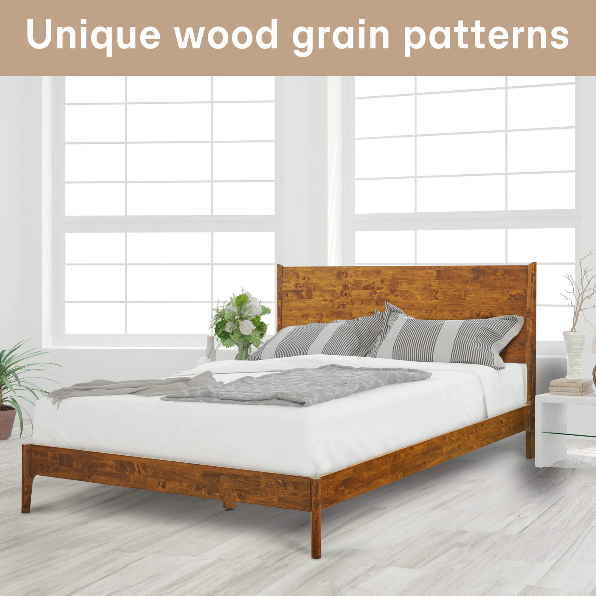 Acacia Haven King Size Bed Frame and Headboard Solid Wood Platform Bed, King Bed Frame 800 lbs Capacity, Scandinavian Signature Wood Bed Compatible with All Mattresses, Caramel