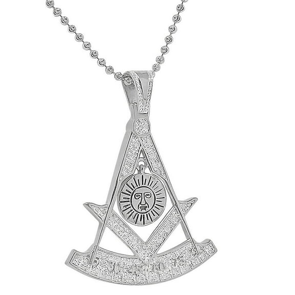 Real Diamond Mason Past Masters Degree Masonic Freemasonry Over 14K White Gold Pendent Charm   Chain