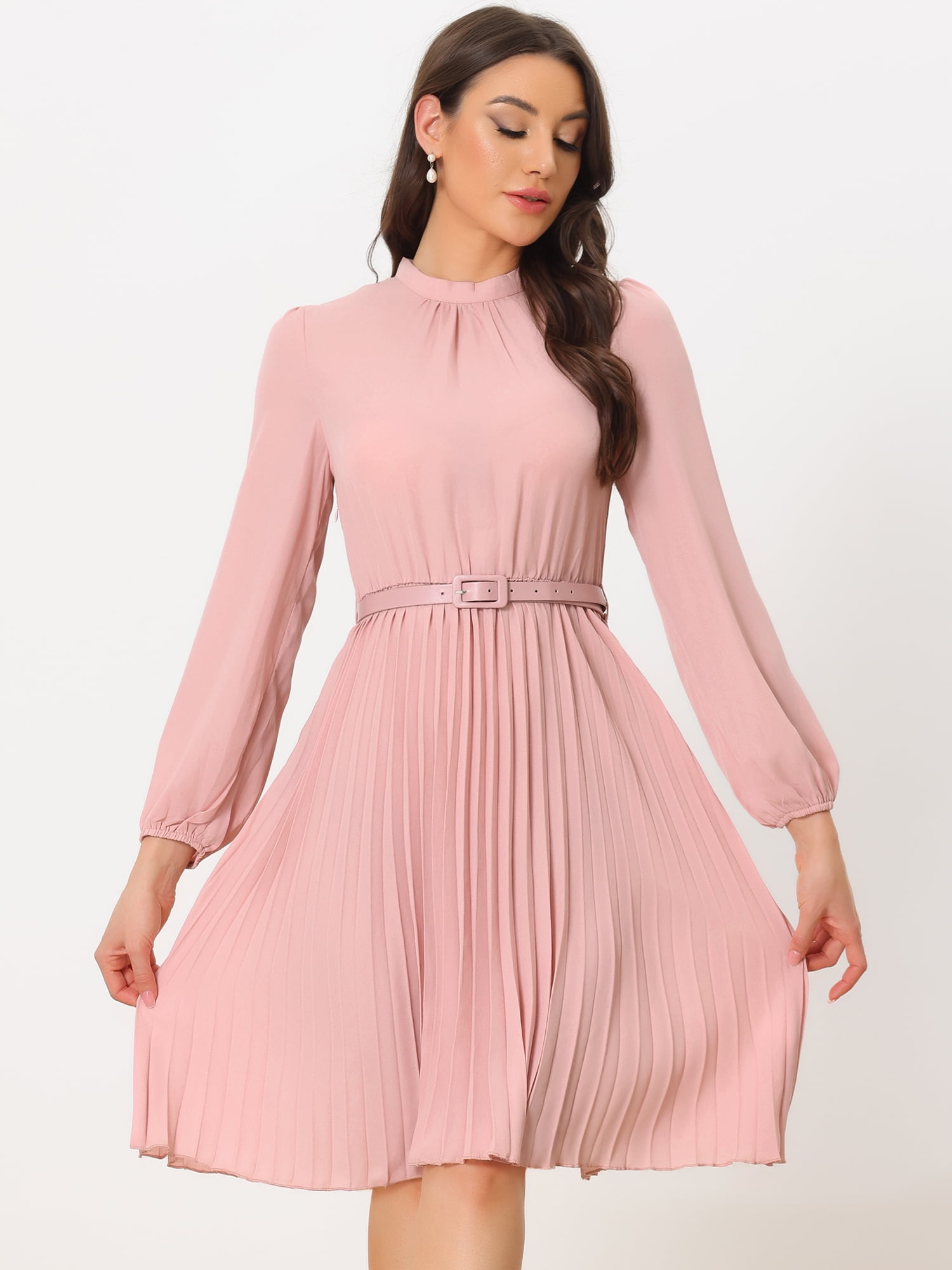 DARING DIVA Work Shirt Long Sleeve Pleated Midi Dress L Light Pink