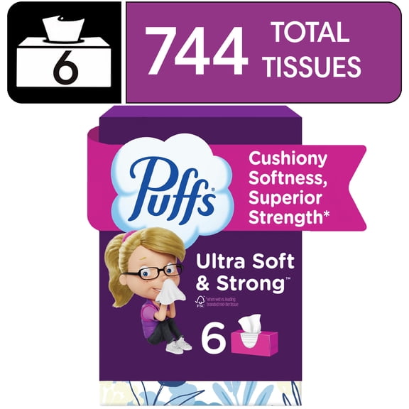 Puffs Ultra Soft Facial Tissues, 6 Family Size Boxes, 124 Tissues per Box