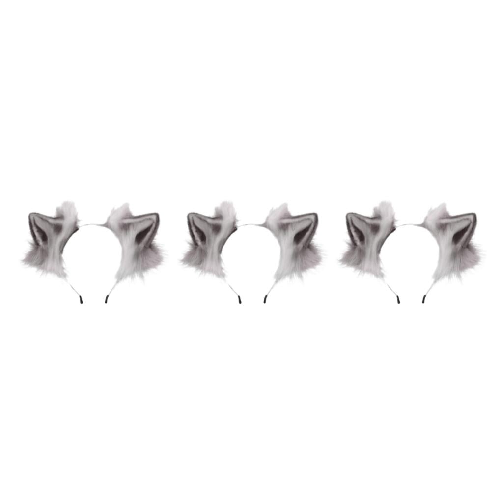 Thinsony Bandeau Oreilles de Chat Grand Application Peluche Adapté pour Fêtes et Halloween Cerceau Oreilles de Loup Gris et Blanc 3Ensemble