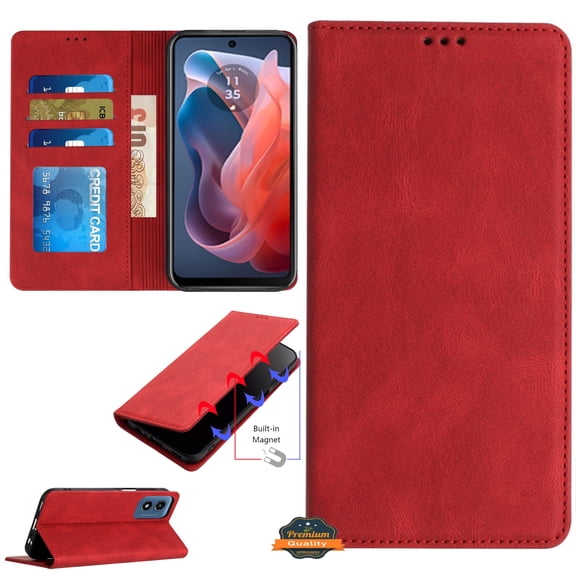 Xpression Phone Case For Motorola Moto G 5G 2026 / Moto G Play 2026 Wallet Pouch with Credit Card Holder Flip, Magnetic Closure Vegan Leather and Stand Cover, Red