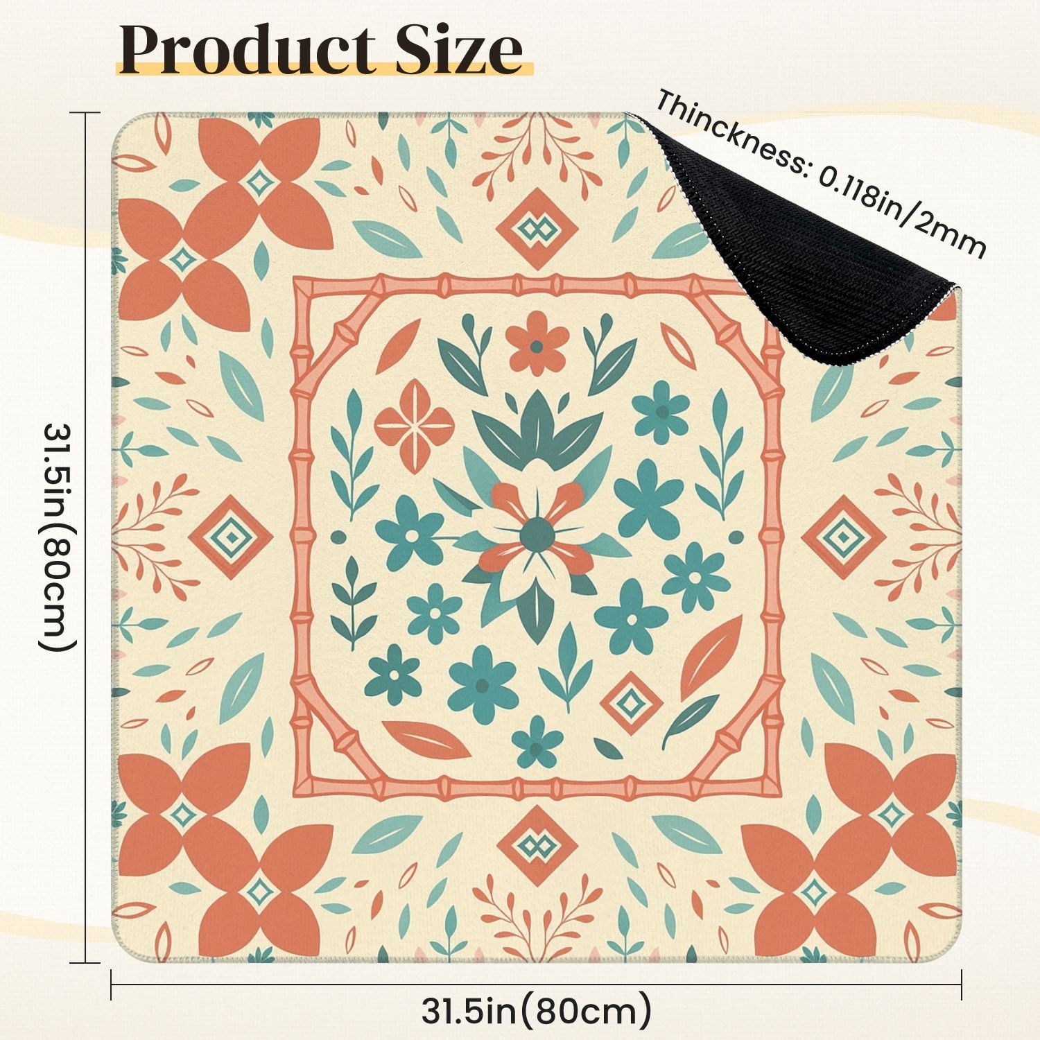 Mahjong Mat 31.5" x 31.5" Floral Geometric Elements Soft Coral Teal Tones Anti-Slip and Noise Reduction Symmetry Design Mahjong Tiles Table Cover for Dominoes Poker Card Board and Tile Games
