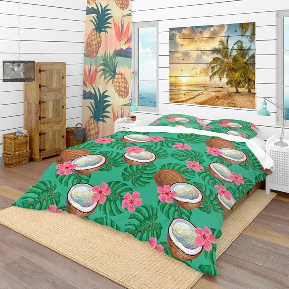 Designart 'Pattern with Coconuts & Flowers' Tropical Duvet Cover Set