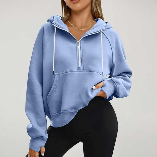 Jsaierl Half Zip Sweatshirts Cropped Hoodies Fleece Drawstring Sweatshirt Fall Winter Tops Solid Color Long Sleeve Pullovers with Pockets