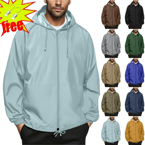 Men's Lightweight Waterproof Rain Jacket Ndbuld Men's Solid Color Outdoor Water Proofing Climb Sport Run Pocket Zipper Long Sleeved Hooded Mint Green XL
