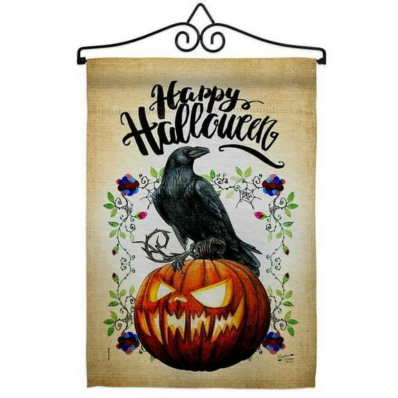 Angeleno Heritage GS130411-BO-02 Crow & Pumpkin Falltime Halloween 13 x 18.5. in. Double-Sided Decorative Horizontal House Garden Flag Set for Decoration Banner Yard Gift