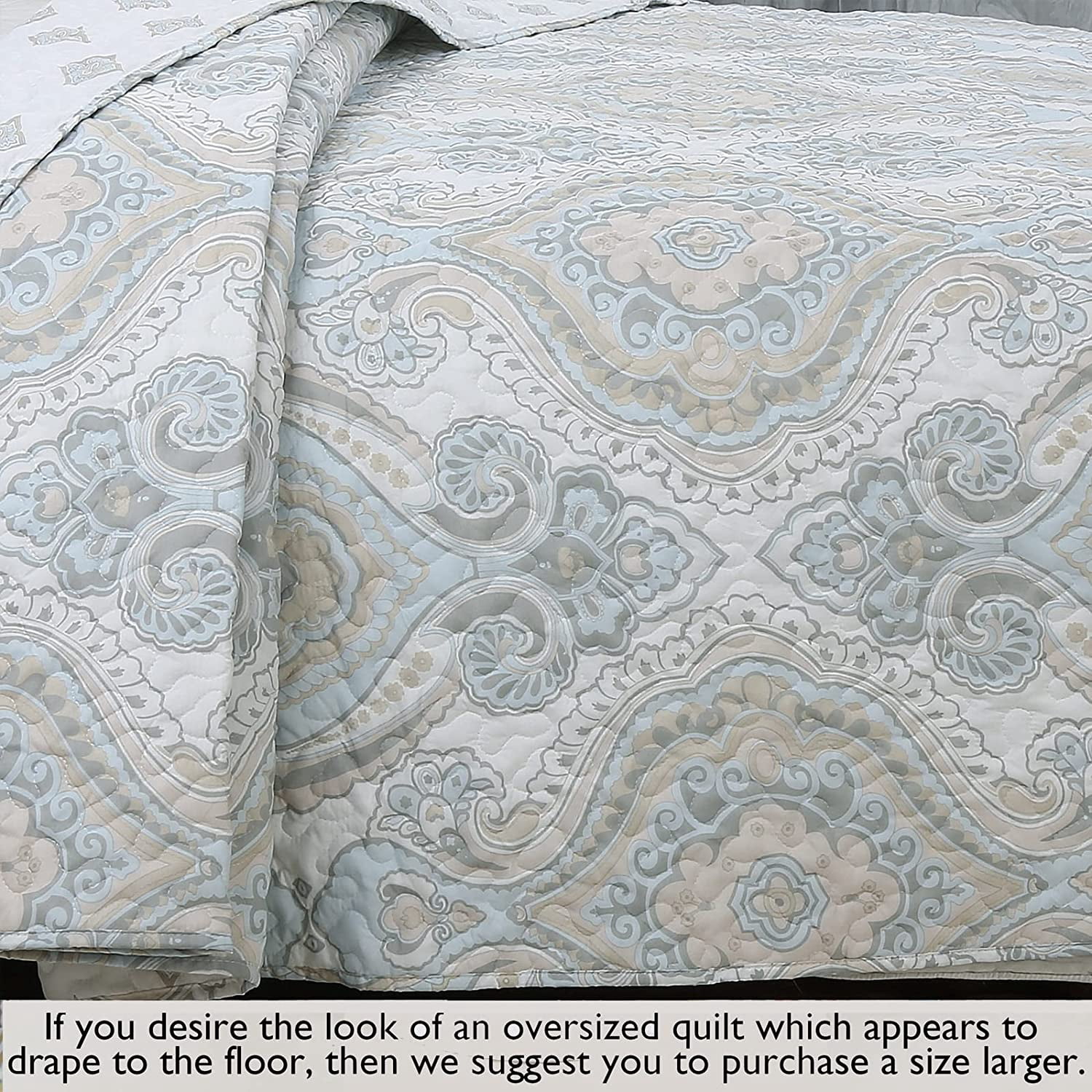 Cozy Line Home Fashions Sky Blue Brocade Medallion Microfiber Quilt, King - Reversible