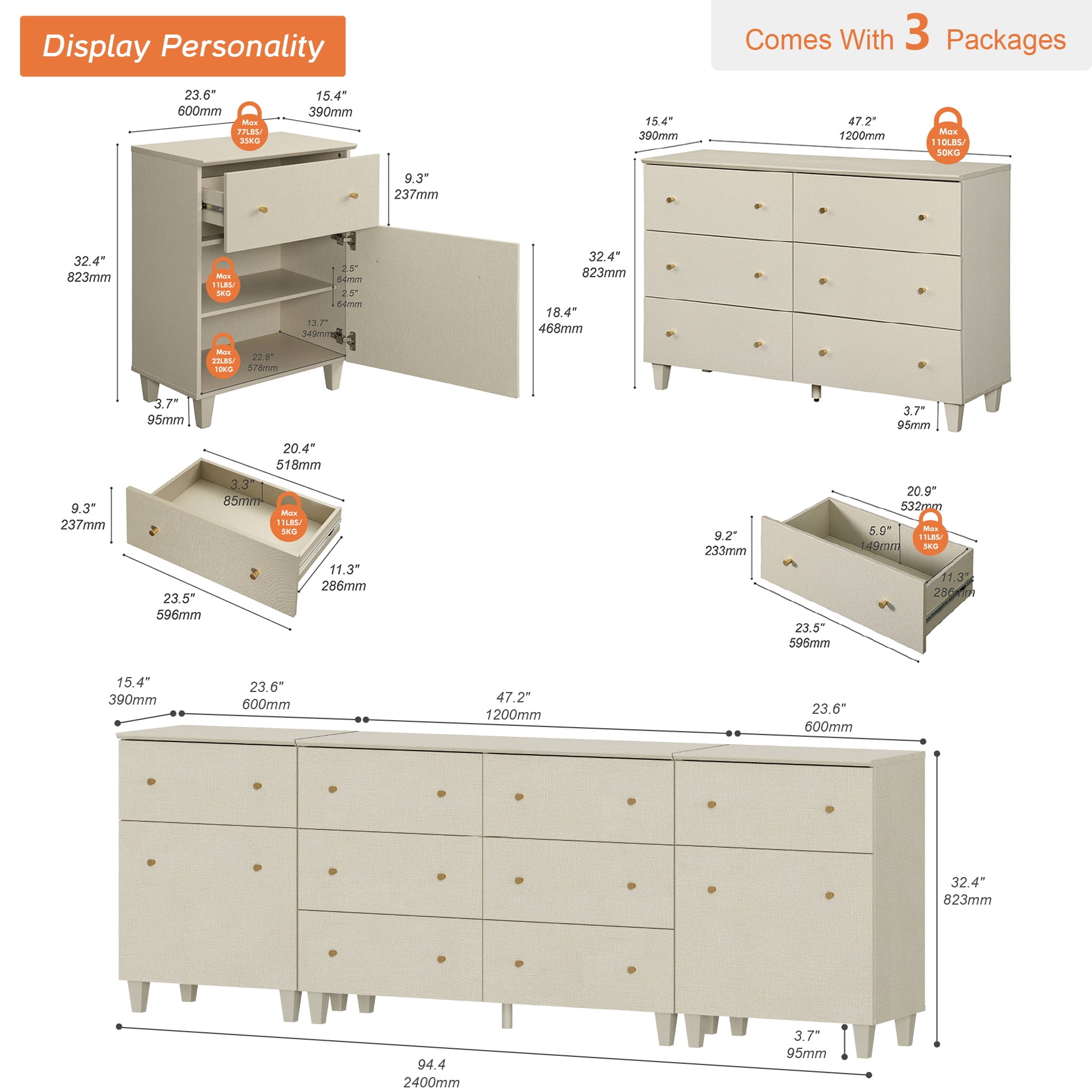 WAMPAT 8 Drawers Dresser with 2 Cabinets for Bedroom, 3-in-1 Modern Wooden Chest of Drawers, 94" Wide, Beige Linen Printed Finish