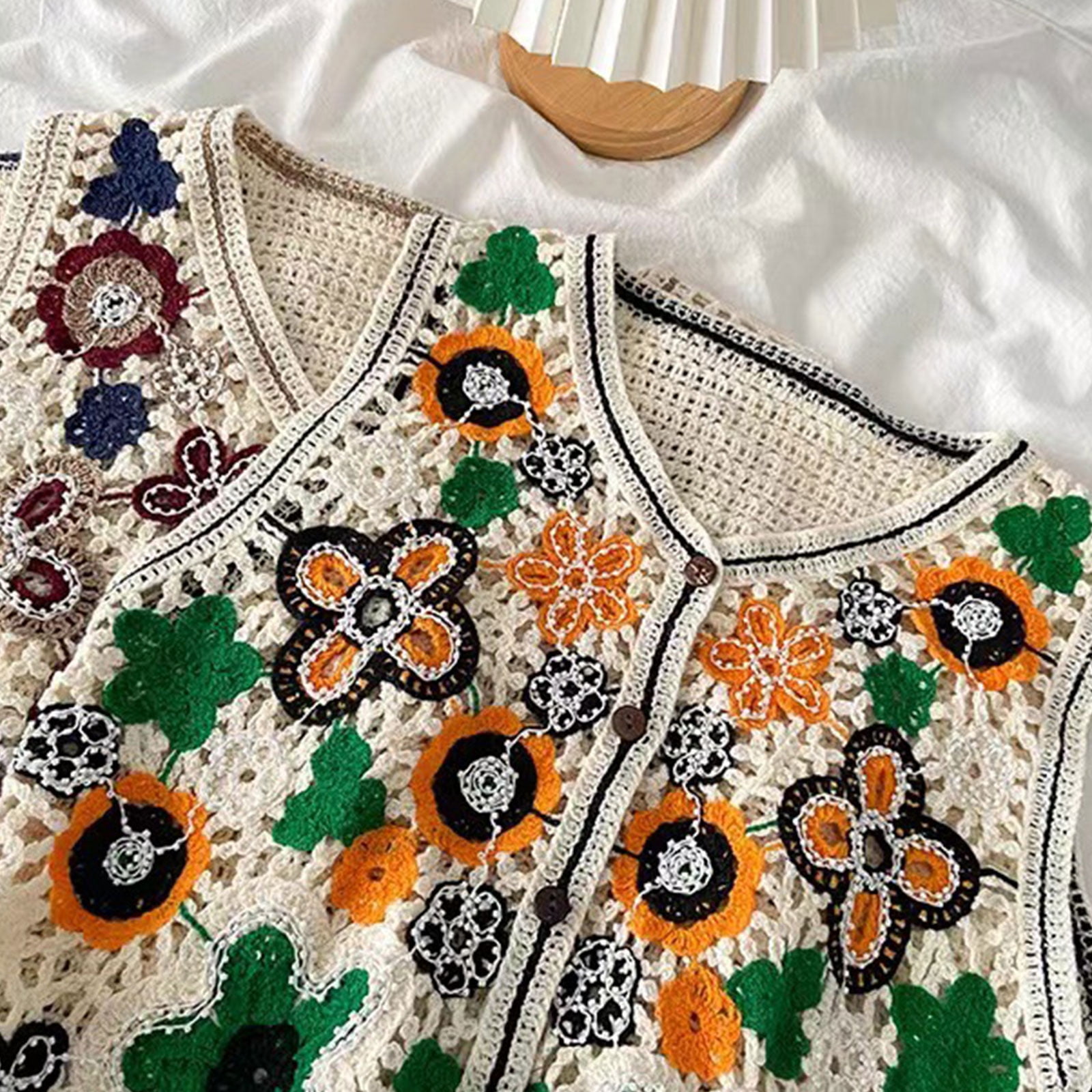 Sorrowso Women Hollow Crochet Knit Vest Waistcoat Beaded