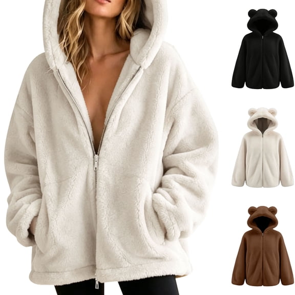 Zynoxe Womens Hooded Jacket Winter Windproof Soft Thick Fluffy Sherpa Outerwear Jackets with Pockets Warm Loose Zip Up Cute Casual Jackets White S