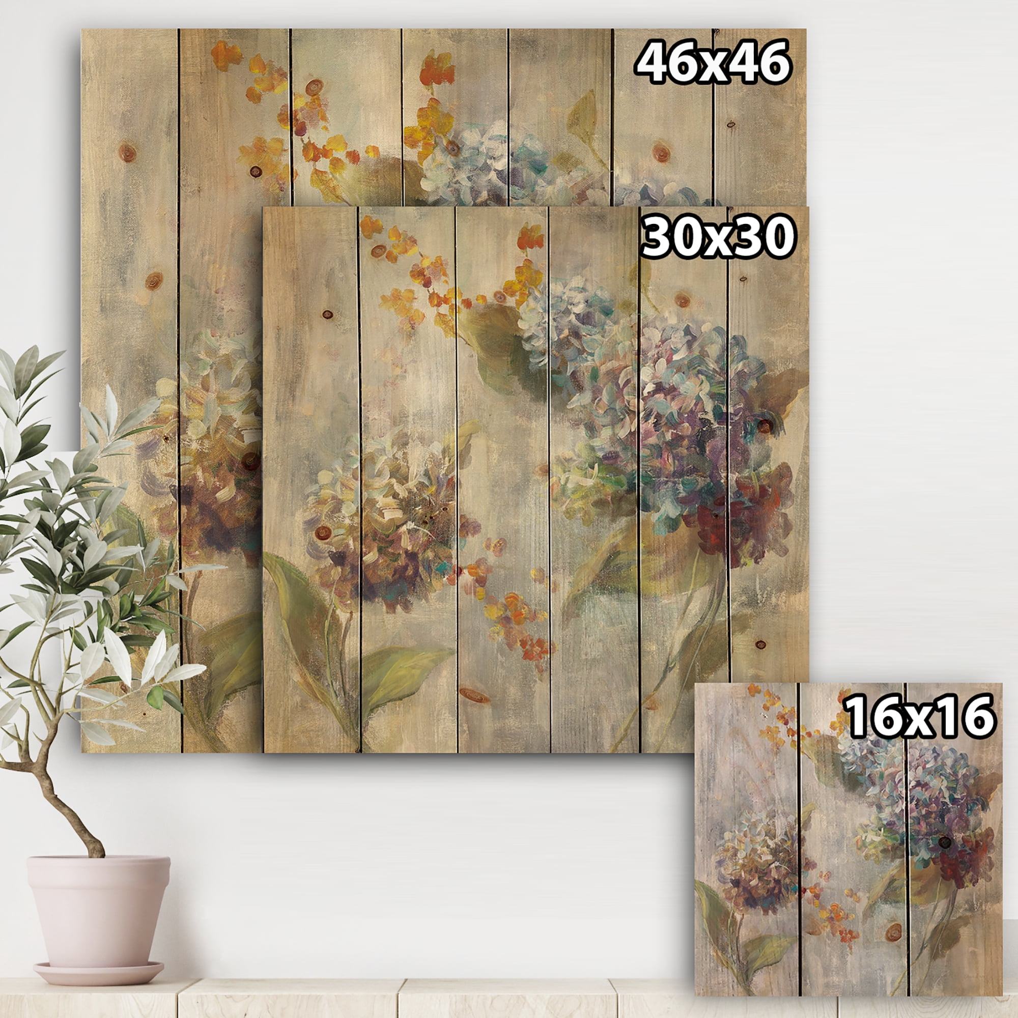 Designart 'Autumn Hydrangea Blue and Orange' Traditional Print on Natural Pine Wood