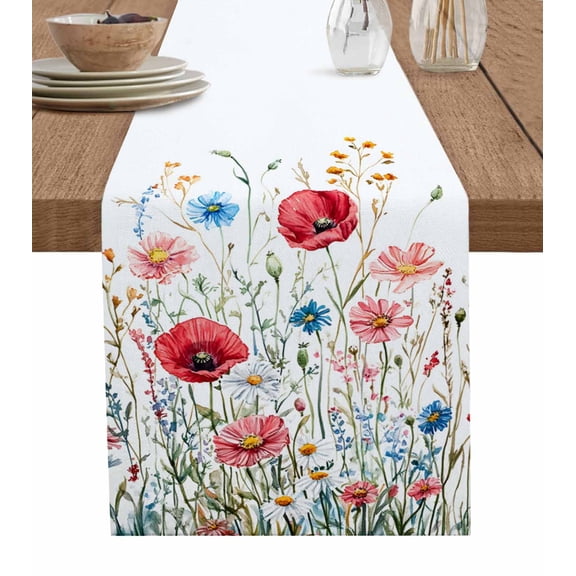 Red Flower Table Runner 70 Inches, Blue Pink Wildflower Poppy Floral Botanical Bed Runner Dresser Scarves Tabletop for Indoor Outdoor Parties/Ceremony/Banquet, 13" x 70"