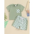 thumbnail image 2 of Bslissey Toddler Baby Boys Casual Shorts Sets 6M 12M 18M 24M 3T Short Sleeve Pocket T-shirt Tops with Checkerboard Print Shorts 2Pcs Outfits Infant Summer Clothes, 2 of 9