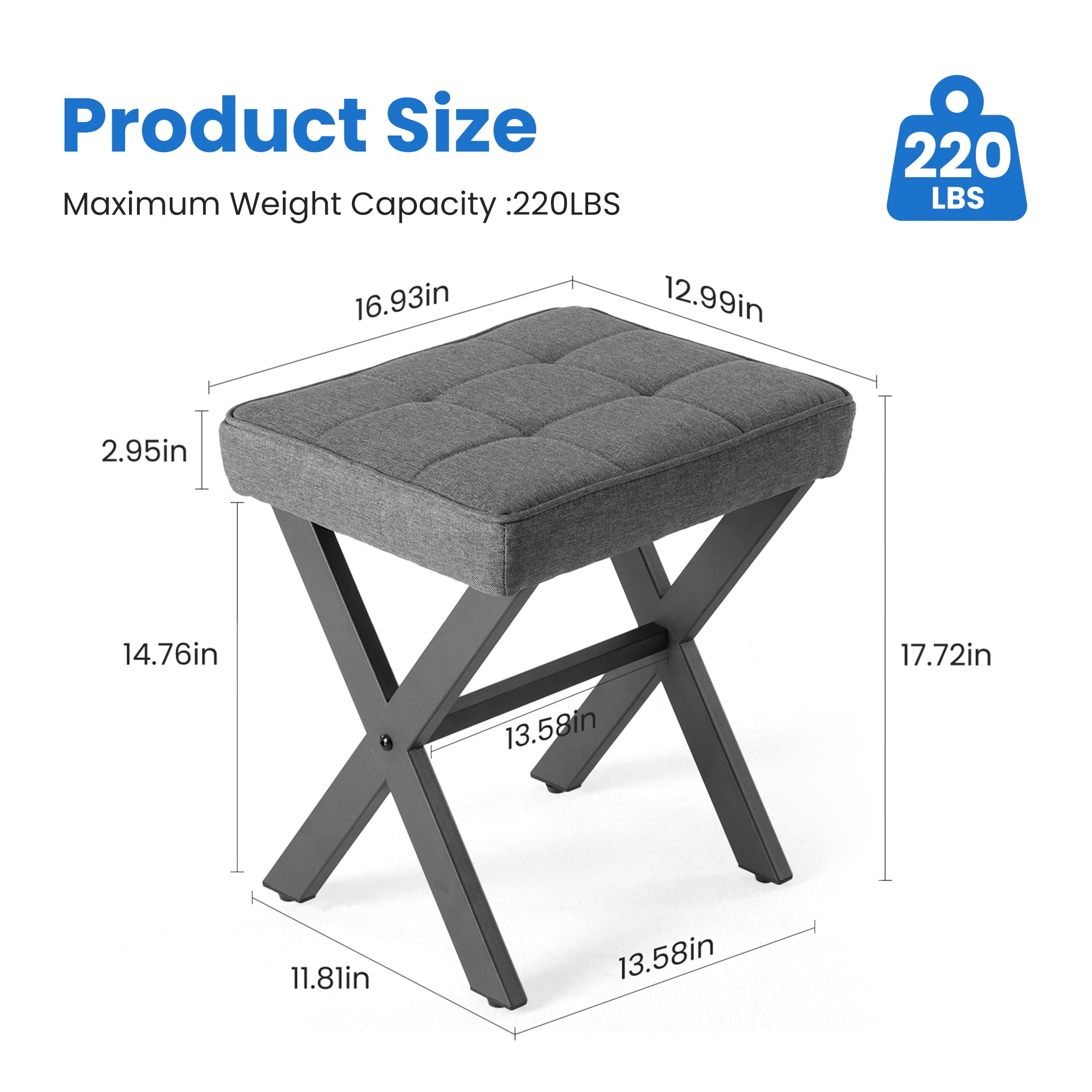 EDX Vanity Stool, Square Linen Makeup Stool with Metal X Legs, Small Ottoman Stool Chair for Vanity, Modern Padded Vanity Seat Foot Rest Stool for Makeup Room, Living Room, Bathroom, Carbon Gray