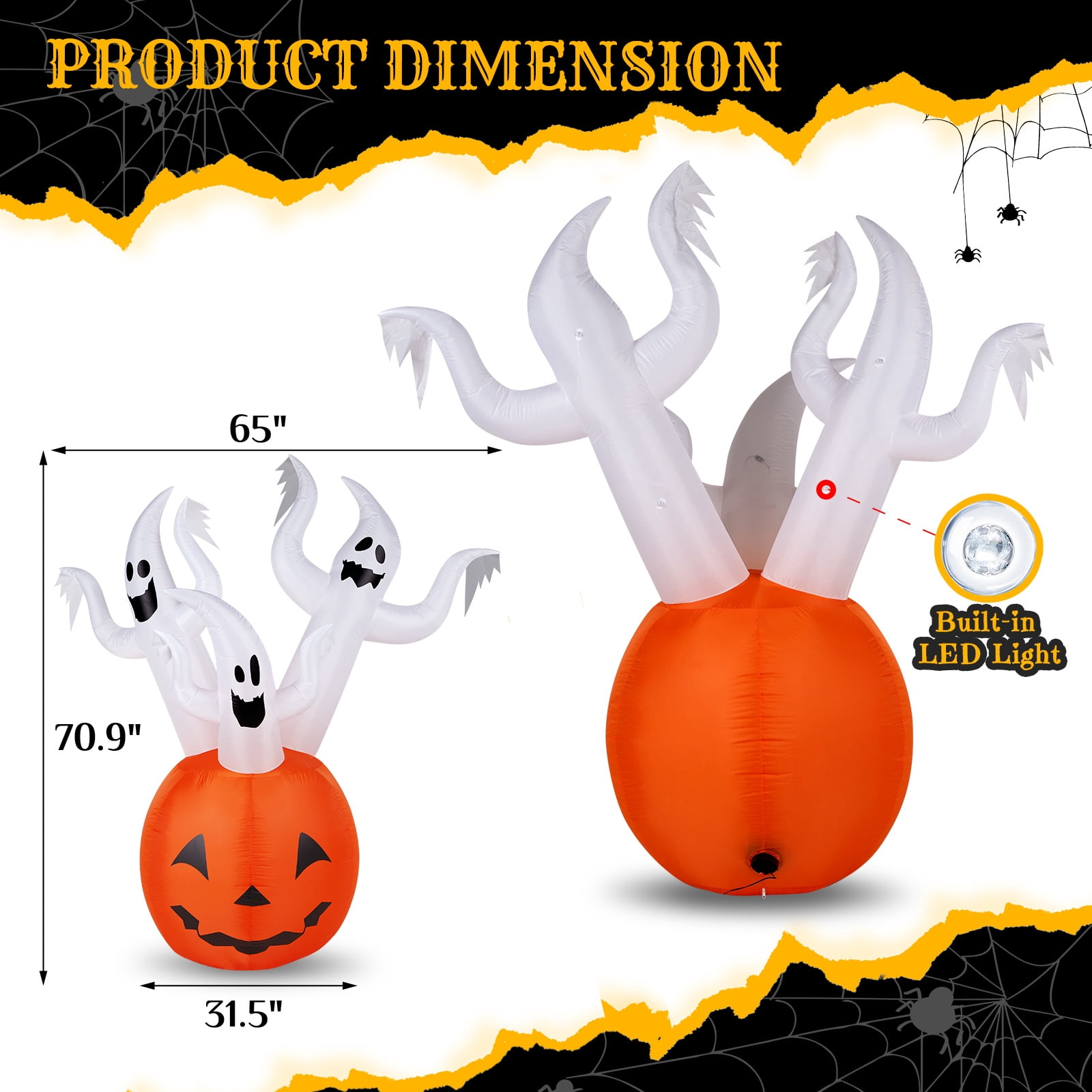 Astoutdoor Halloween Inflatable Pumpkin Ghost Outdoor Decoration, 5.9 ft Blow Up Yard Decor with Built-in LED Lights