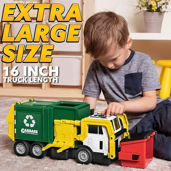 Large Friction Powered Garbage Truck Toy Set with Dumpster, Trash Bins & Learning Cards for Kids