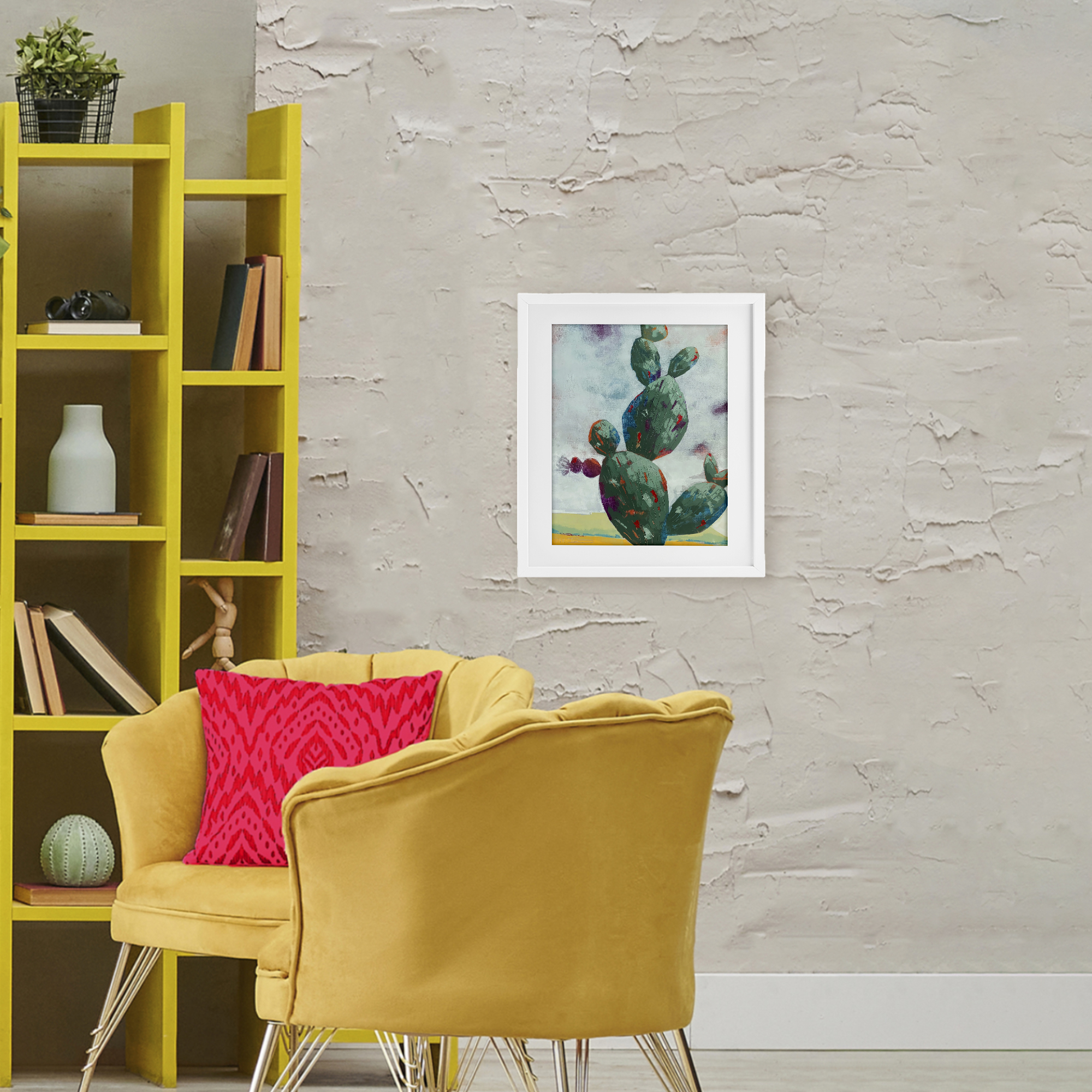 Stand Tall Rounded Cacti White Framed Print Under Glass, design by Dianna Fritzler
