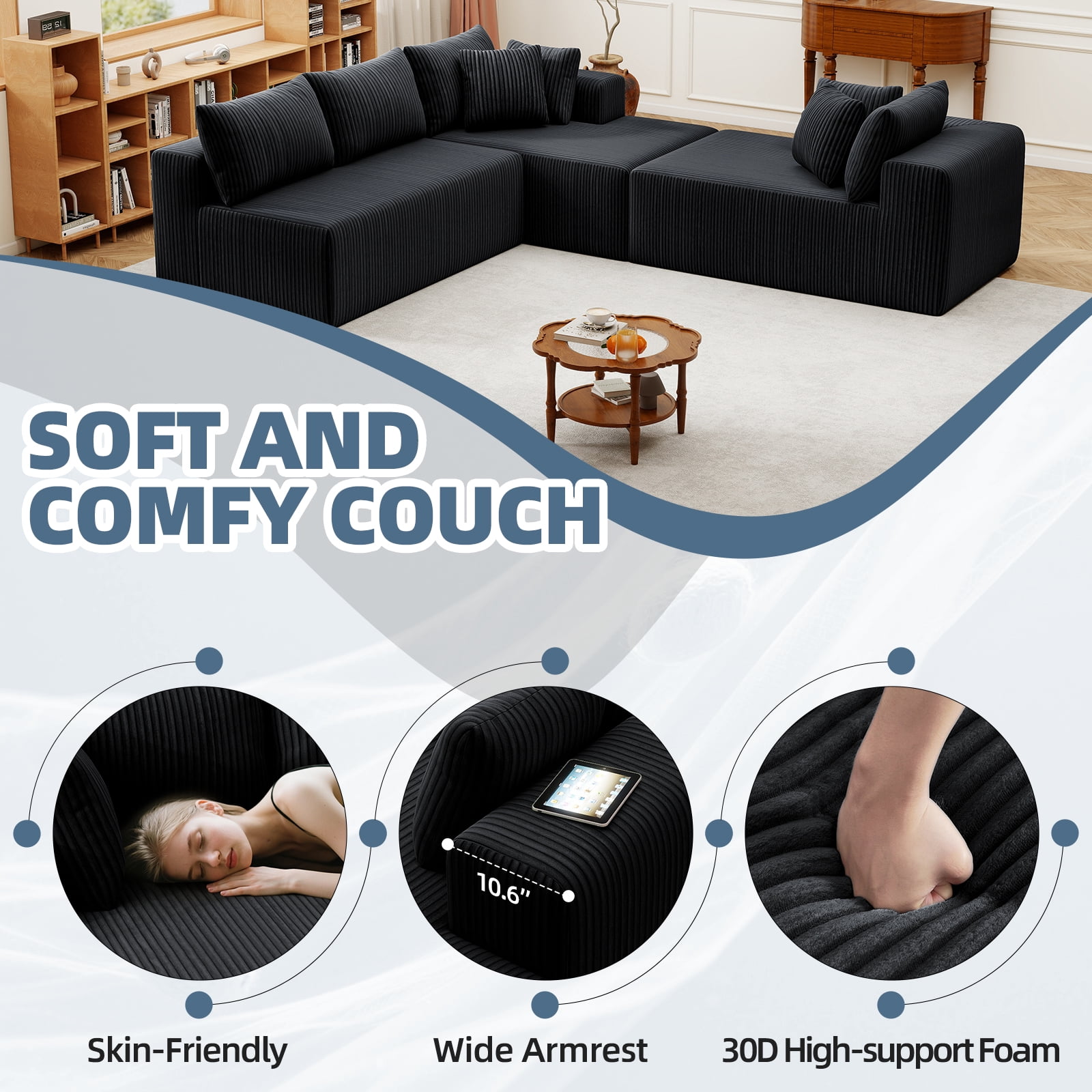 132''Modular Boneless Couches for Living Room, Corduroy Deep Seat Sofa with 2 Chaise Lounges and 1 Loveseat