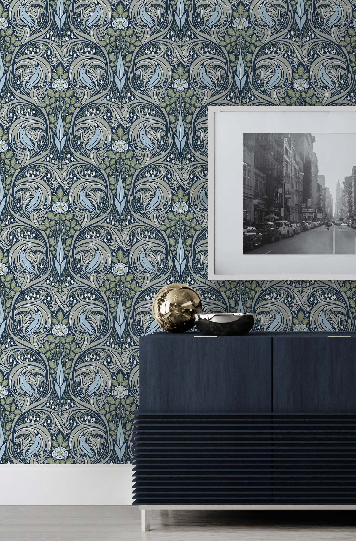 NextWall  Bird Ogee Peel and Stick Wallpaper 20.5 in. W x 18 ft. L - Navy & Fern Green