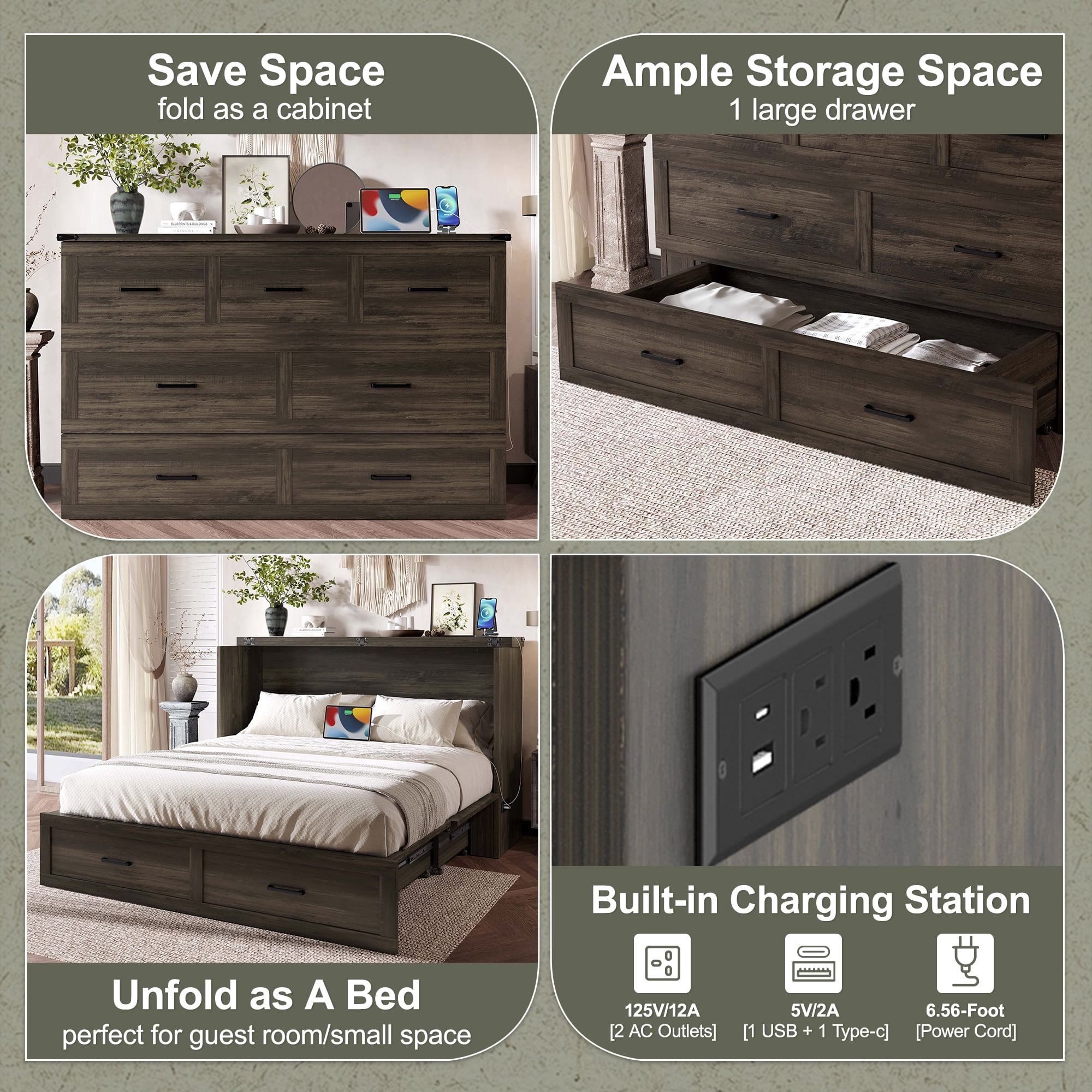 Mintazer Queen Murphy Cabinet Bed with Charging Station & Large Storage Drawer, MultiFunctional Foldable Platform Bed for Guest Room Bedroom, Brown
